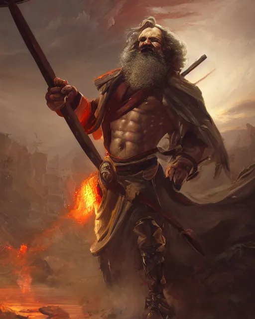 Image similar to oil painting of Angry Karl Marx as barbarian warrior sharp focus, holding Axe, heroic pose, fantasy style, octane render, volumetric lighting, 8k high definition, by greg rutkowski, highly detailed, trending on art Station, magic the gathering artwork, Battlefield backround, centered