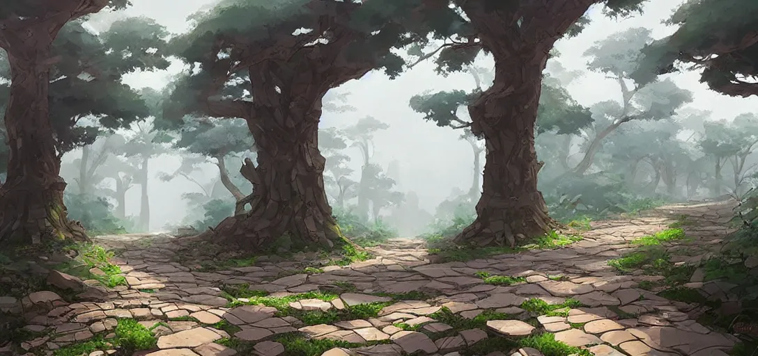 Image similar to concept art by sylvain sarrailh of an stone path leading to an abandonned asian temple, asiatic forest, studio ghibli