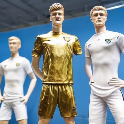 Image similar to a realistic detailed photo of a guy who is an attractive humanoid who is half robot and half humanoid, who is a male android, soccer players martin ødegaard & timo werner, shiny skin, posing like a statue, blank stare, in a living room, on display, showing off his muscles, gold soccer shorts, no jersey, statue, many copies of them