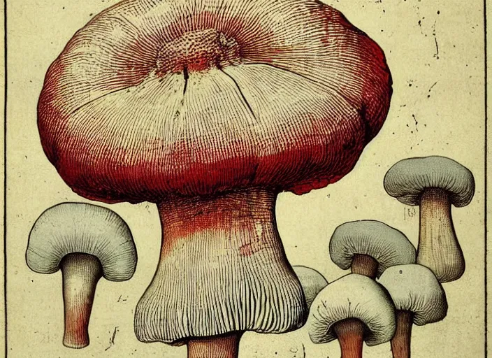 Image similar to Lenin mushroom head!!!, made by Wenceslas Hollar and Ernst Haeckel in vintage Victorian England colourised print style with saturated colours