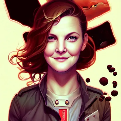 Image similar to drew barrymore inside smore!, bionic scifi, chocolate and graham cracker background, by charlie bowater, ross tran, artgerm, and makoto shinkai, detailed, inked, western comic book art