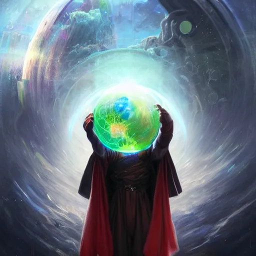 Image similar to the creator of worlds wearing a cloak and holding a holographic planet projection in his hand, detailed, sci - fi, digital painting, artstation, sharp focus, illustration, ominous, artgerm, tomasz alen kopera, peter mohrbacher, donato giancola, joseph christian leyendecker, wlop, frank frazetta