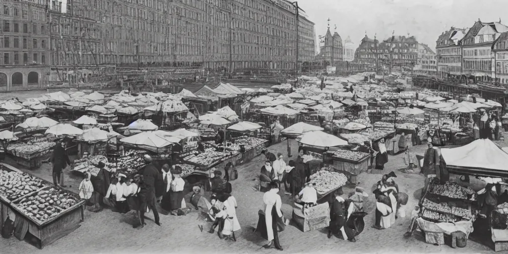 Prompt: 1 8 th century picture of the hamburg fischmarkt, food stalls, vegetable stands, fishmongers, 1 9 0 0 s photography