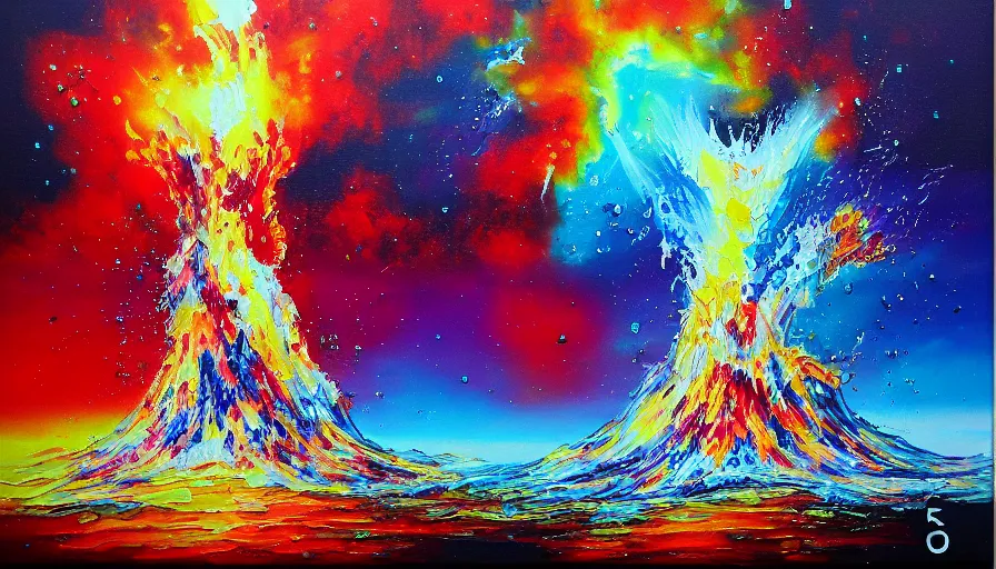Image similar to nuclear explosion, painting on canvas, watedrops, water droplets, acrylic painting, acrylic pouring, painting, influencer, artstation - h 8 0 0