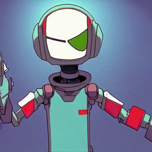 Image similar to canti the robot from flcl anime, he is holding a valorant style sniper rifle in the map haven holding a heaven.