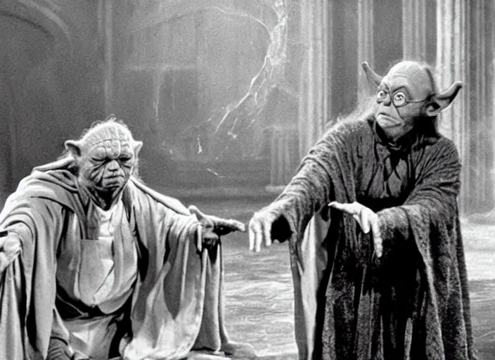 Prompt: a film still of the professors yoda and leia making spells in harry potter