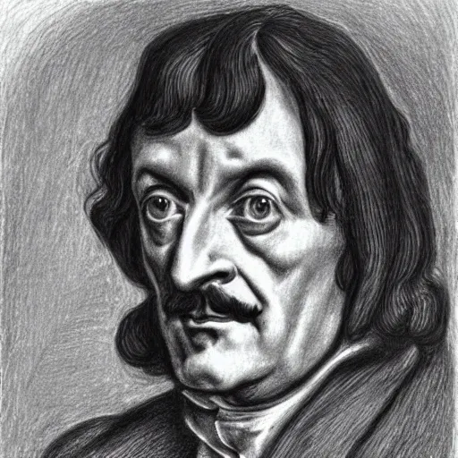 Image similar to Close-up of Descartes, pencil drawing. El Greco, Remedios Varo, Salvador Dali, Carl Gustav Carus, John Atkinson Grimshaw. Blue tint. Symetrical, logo, geometric shapes.