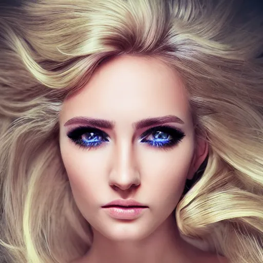 Image similar to A beautiful woman with long blonde hair and light green iris, small face thin eyebrows no makeup except winged eyeliner, full body portrait, highly detailed, excellent composition, dramatic lighting, realistic 4k