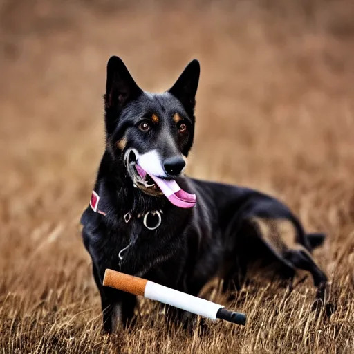 Image similar to a photograph of a dog with a cigarette in its mouth, low depth of field