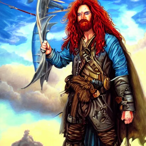 Image similar to an epic fantasy comic book style portrait painting of a long haired, red headed male sky - pirate in front of an airship in the style of ed binkley