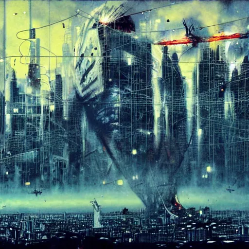 Image similar to a full - metal irisdiscent hindenburg accident, santiago of chile skyline, andes, the city is on pixeled fire from a fragmented wired reality, game poster by yoji shinkawa, esao andrews, yoshitaka amano and ryuichi sakamoto