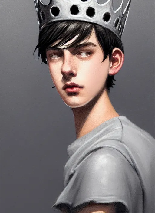 Image similar to portrait of teenage jughead jones wearing a light grey crown, photorealistic, crown, eyes closed, crown, black hair, intricate, elegant, glowing lights, highly detailed, digital painting, artstation, concept art, smooth, sharp focus, illustration, art by wlop, mars ravelo and greg rutkowski