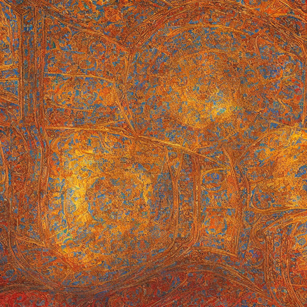 Image similar to brightly coloured patterns on its ceilings, osman hamdi bey style,