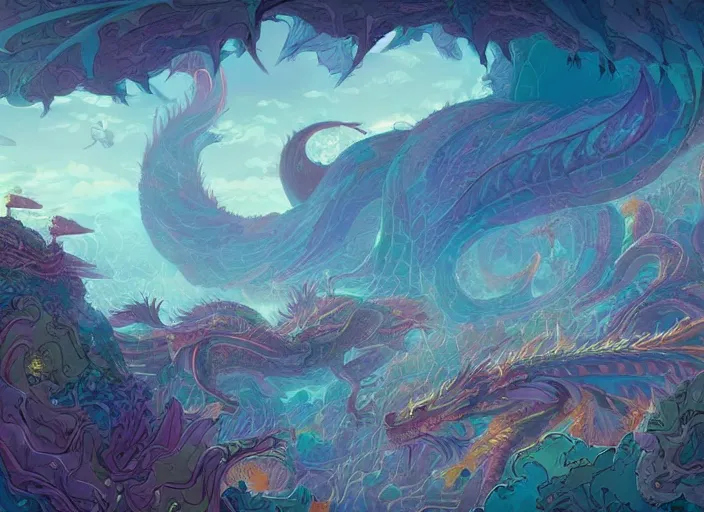 Prompt: psychedelic concept art of a dragon landscape made of thousands of spiraling dragons, cel shaded, in the style of makoto shinkai and moebius and peter mohrbacher and anton fadeev