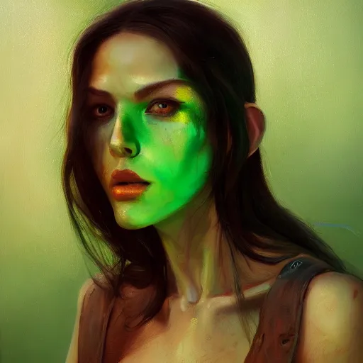 Image similar to a portrait of an intensely lit monstruous insect girl modeling, green, oil painting, pale colors, high detail, 8 k, wide angle, trending on artstation,