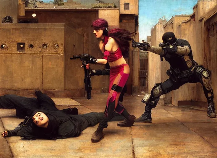 Image similar to Maria evades pvt griggs. Cyberpunk hacker escaping Cyberpunk cop. (police state, Cyberpunk 2077, blade runner 2049). Cyberpunk Iranian orientalist portrait by john william waterhouse and Edwin Longsden Long and Theodore Ralli and Nasreddine Dinet, oil on canvas. Cinematic, Realistic Proportions.