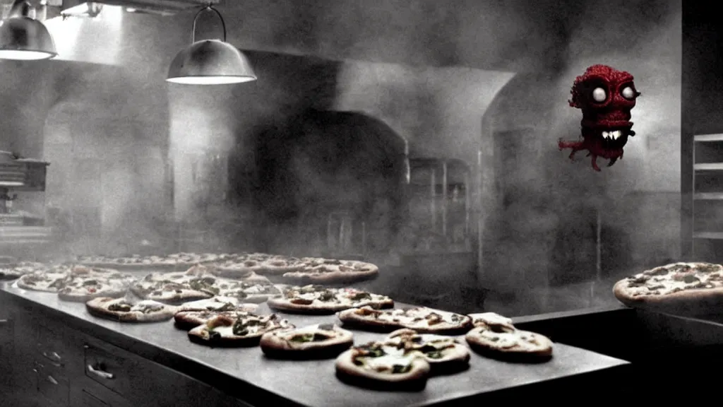 Prompt: the strange pizza creature in the restaurant kitchen, film still from the movie directed by denis villeneuve and david cronenberg with art direction by salvador dali and zdzisław beksinski,