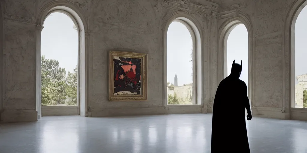 Image similar to Batman standing in giant Italian modern castle living room, clean minimalist design, that is 1300 feet tall, with very tall giant walls filled with modern art paintings, doors that are cosmic portals, photo by Annie Leibovitz