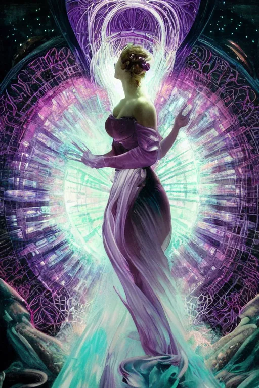 Image similar to she dreams of arcs of purple flame intertwined with glowing sparks, glinting particles of ice, dramatic lighting, steampunk, secret holographic cyphers, red flowers, bright neon solar flares, high contrast, smooth, sharp focus, art nouveau, painting by Caravaggio and Yoshitaka Amano and ruan jia and greg rutkowski and Alphonse Mucha