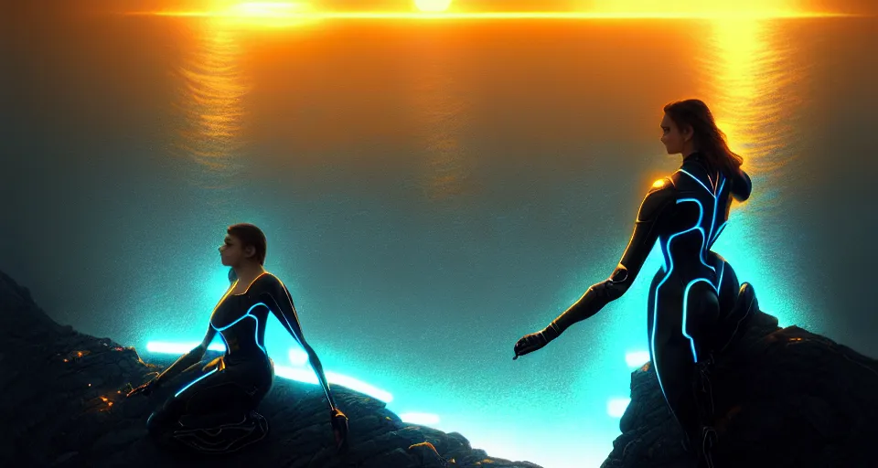 Image similar to tron legacy wings in front mind bending sunset, cliffside ocean scene, backlit, aesthetic, elegant, diffuse lighting, hyper realistic, elegant, intricate, hyper detailed, smooth, sharp focus, concept art, illustration, trending on artstation, art by artem demura, greg rutkowski, james gurney, and alphonse mucha