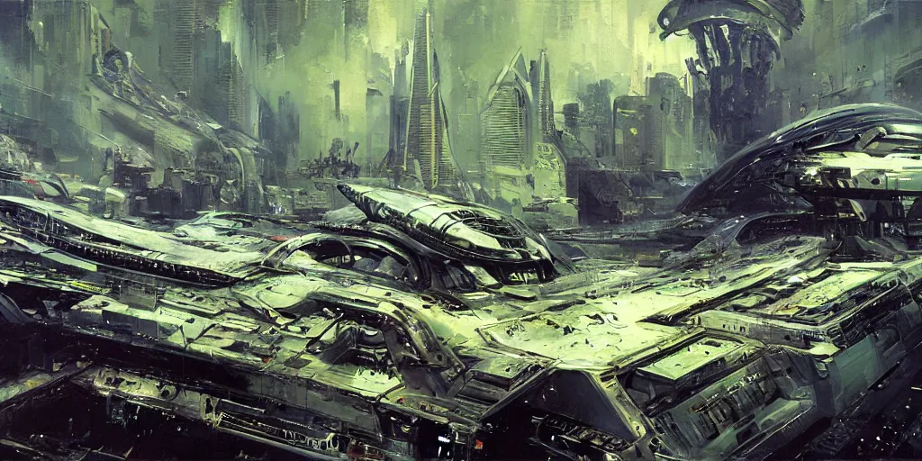 Image similar to hi - tech alien space ship crashed on dystopian earth, nyc 2 0 7 7, detailed, sharp focus, brush strokes, technicolor, by john berkey, craig mullins.