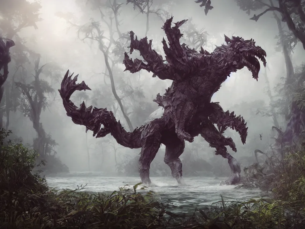 Image similar to animal monster with elemental magic hunting in foggy river. vaporwave, unreal engine 5, art by artgerm and greg rutkowski and alphonse mucha, global illumination, detailed and intricate environment. hyperrealistic, volumetric lighting. epic cinematic shot, perfectly defined features, ambient occlusion