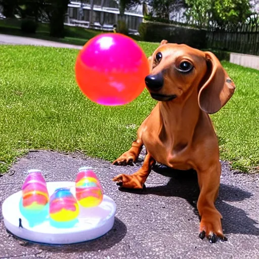 Image similar to photo a dachshund wearing a hot dog outfit, blowing soap bubbles, doing tricks, award winning