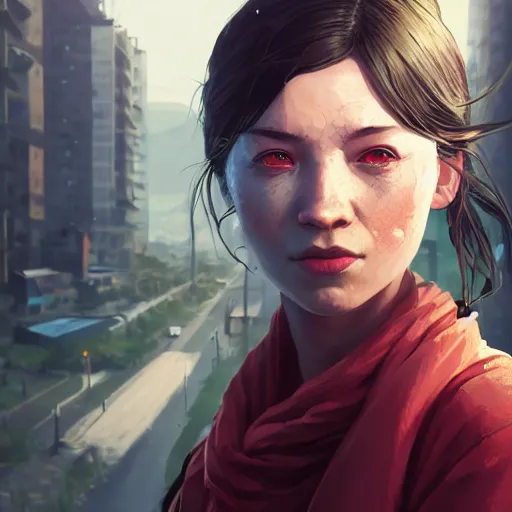 Image similar to highly detailed portrait, kunoichi, in gta v, stephen bliss, unreal engine, fantasy art by greg rutkowski, loish, rhads, ferdinand knab, makoto shinkai and lois van baarle, ilya kuvshinov, rossdraws, tom bagshaw, global illumination, radiant light, detailed and intricate environment