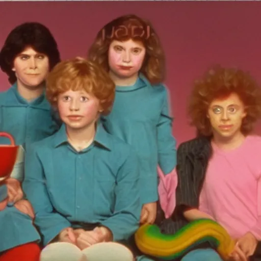 Image similar to still from 1983 live-action children's tv show about a girl who enters an eyeball cult color