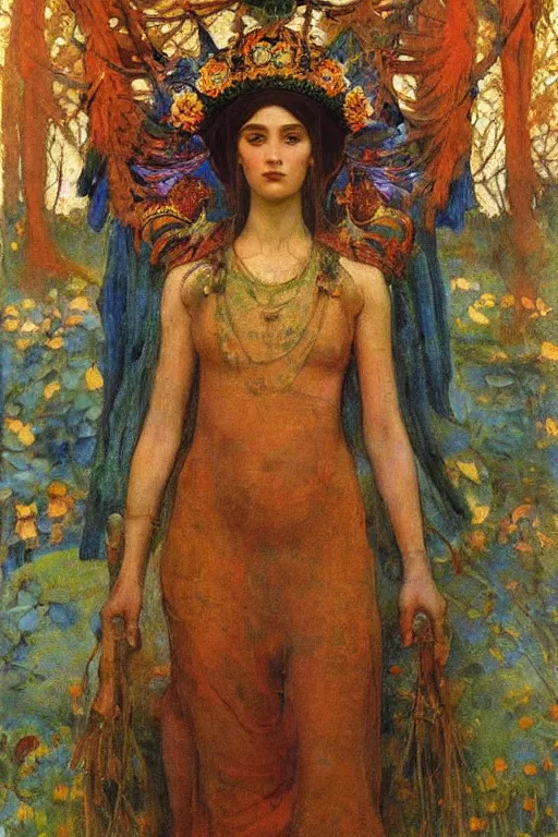 Image similar to queen of summer by Annie Swynnerton and Nicholas Roerich, strong dramatic cinematic lighting , ornate headdress , flowing robes, lost civilizations, smooth, sharp focus, extremely detailed