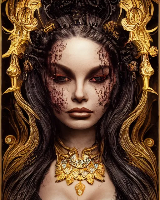 Image similar to concept art, Briana Banks, beautiful, frank frazetta, ornate, art nouveau, symmetrical, gold jewelry, high contrast, unbiased render, Emil melmoth, eerie, haunting, victorian, 8k, octane render, style of Gustav Klimt, head and shoulders