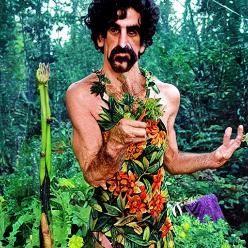 Image similar to Frank Zappa as a forest druid wearing a floral leotard frolicking in the hooded forest of verdant turmeric roots