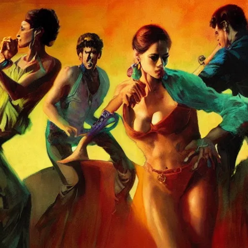 Prompt: latin dance band saturated colors, cinematic, vallejo, frazetta, greg rutkowski, rowena morrill, juan gimenez