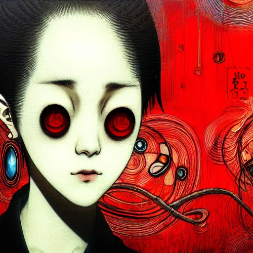 Image similar to yoshitaka amano blurred and dreamy realistic three quarter angle horror portrait of a sinister young woman with short hair, big earrings and red eyes wearing office suit with tie, junji ito abstract patterns in the background, satoshi kon anime, noisy film grain effect, highly detailed, renaissance oil painting, weird portrait angle, blurred lost edges