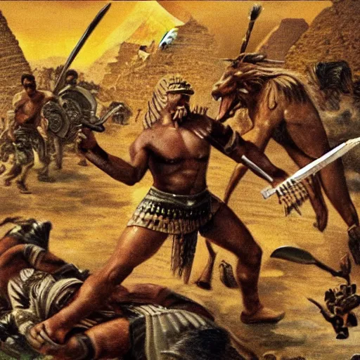 Image similar to a wild beast warrior defeating 1 0 0 0 men army in egypt