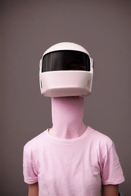 Prompt: a high definition film photograph of a normal androgynous robot human wearing a plain white t - shirt, in a pastel pink room. happy. halo visor moped helmet covering eyes. crushed shadows.