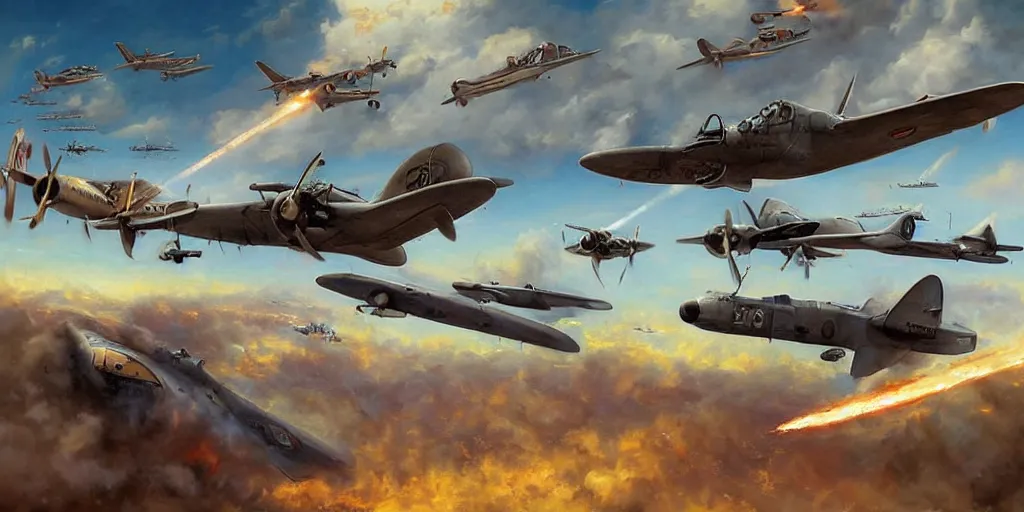 Image similar to airplane battle, ww2, world war 2, wide shot, by Jason Felix by Steve Argyle by Tyler Jacobson by Peter Mohrbacher