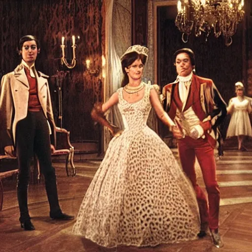 Image similar to ballroom scene from the leopard by luchino visconti with alain delon and claudia cardinale set in the 1 9 th century in an italian villa. technicolor!!!!, highly intricate, 5 0 mm