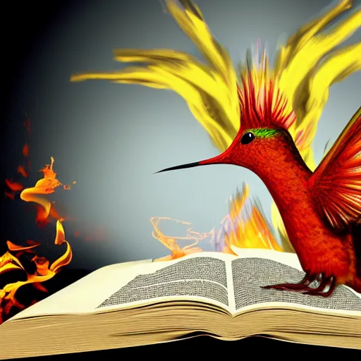 Prompt: photo of a phoenix hummingbird reads a book while on fire raytracubg 3d render cute trending on artstation HD digital art