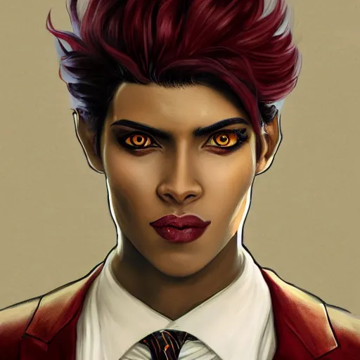 Prompt: portrait of a beautiful nonbinary actor with dark skin and messy short red hair wearing a men's suit, he has elf ears and gold eyes, by Gerald Brom and Ross Tran, dramatic lighting, 4K, trending on artstation