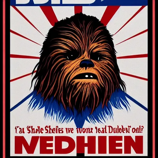 Image similar to chewbacca presidential election poster showing close up of chewbacca face red and blue duotone by sheperd fairey no text