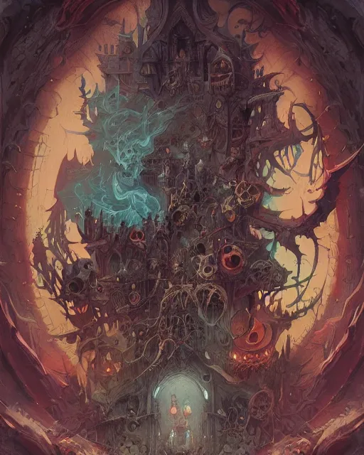 Prompt: Evil, chaos, hypermaximalist, ornate, horror, Peter Mohrbacher, Marc Simonetti, Mike Mignola, detailed, intricate ink illustration, symmetry, bloodborne, colorful