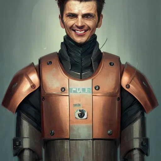 Image similar to portrait of a man by greg rutkowski, he is about 3 0 years old, mixture between german and turkish, copper quiff hair, uncanny smile, very tall and slender, he is wearing a futuristic police gear, highly detailed portrait, digital painting, artstation, concept art, smooth, sharp foccus ilustration, artstation hq