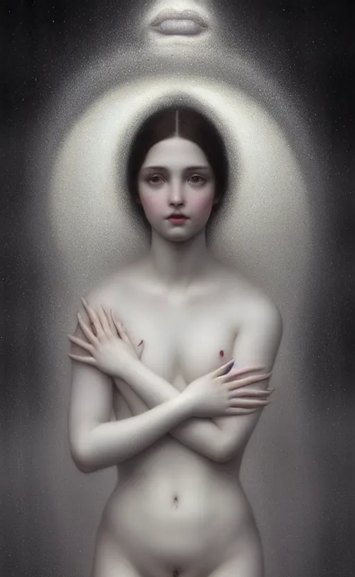 Image similar to dreamy, monochrome, subsurface scattering, white, young beautiful goddess in cosmos, octane render, dino valls, mark ryden, joe fenton, michal karcz, highly detailed, rim light, art, cinematic lighting, very coherent, hyper realism, 8 k