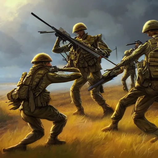 Prompt: An Australian Soldier Being Dragged by Emu Regiments, Fantasy Illustration by Tony Sart, Trending on artstation