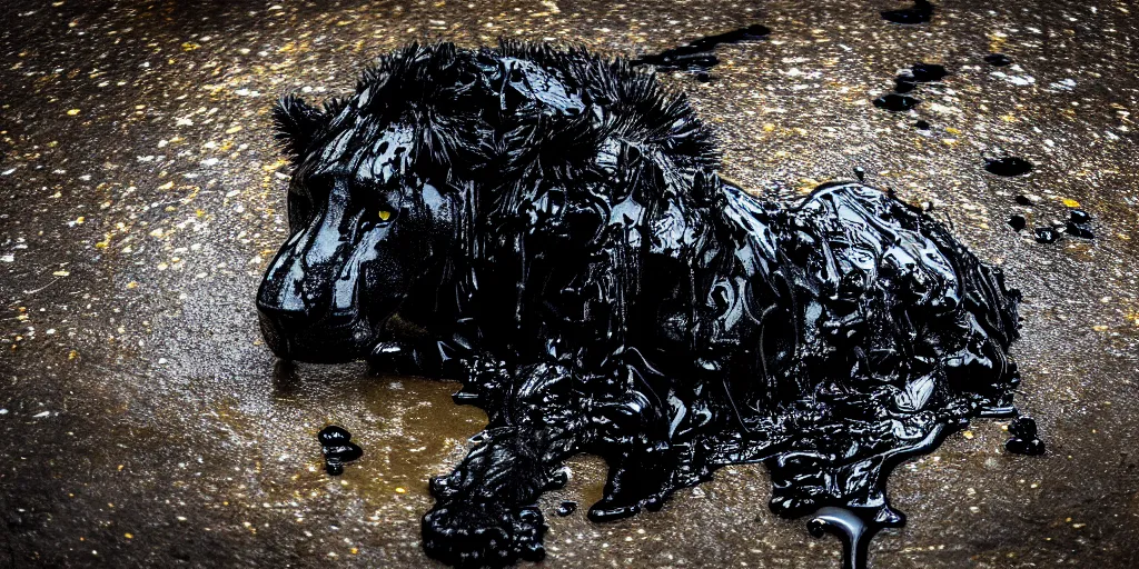 Image similar to the black lioness made of ferrofluid, rolling in the lake of sticky thick tar, viscous, sticky, full of black goo, covered with black goo, splattered black goo, dripping black goo, dripping goo, splattered goo, sticky black goo. photography, dslr, reflections, black goo, zoo, exhibit