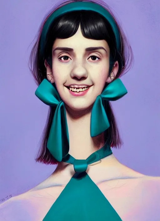 Image similar to portrait of high school girl, realistic, black hair, bangs, half updo hairstyle, pointy nose, skinny, smile, ugly, defined jawline, big chin, teal hair bow, earrings, intricate, elegant, glowing lights, highly detailed, digital painting, artstation, sharp focus, illustration, art by wlop, mars ravelo and greg rutkowski