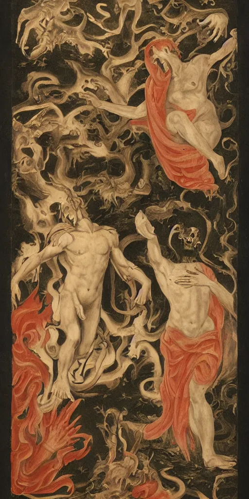 Image similar to a horror vacui depicting birth death God and the devil,