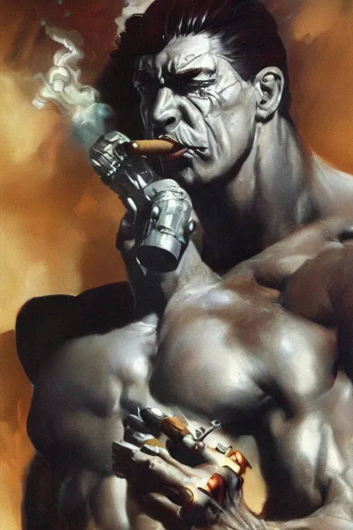 Image similar to A muscular male android smoking a cigar in a cyberpunk setting, by Frank Frazetta, Trending on Artstation, highly detailed,