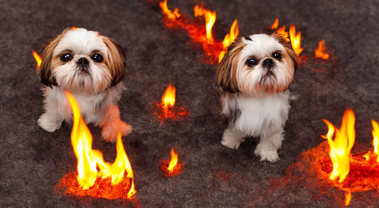 Prompt: Demon Shih Tzu, Professional Photograph, Fire, Lava